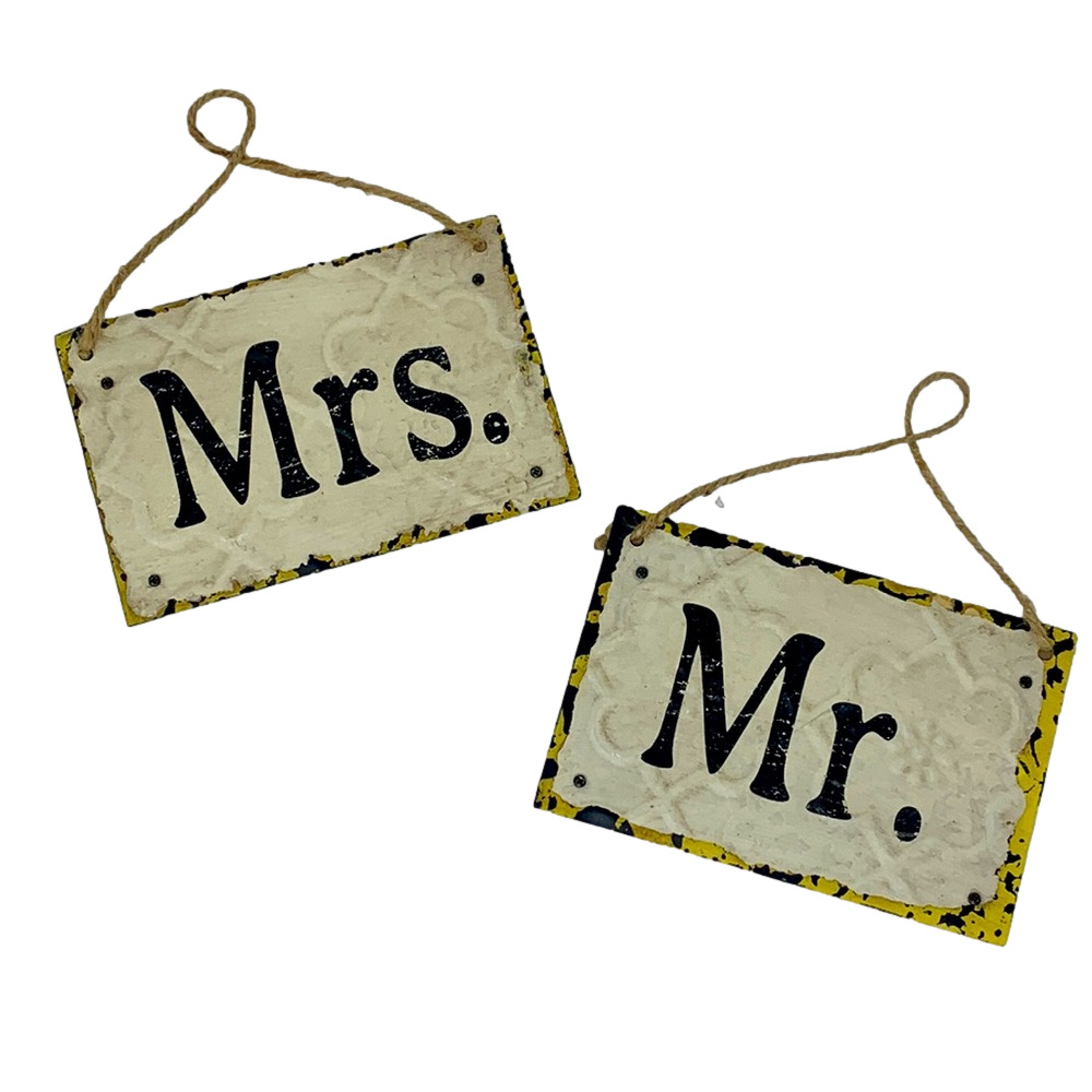 Mr. & Mrs. Embossed Tin Wood Signs w/ Twine Hangers